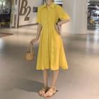 Elbow-sleeve Tie-back A-line Shirt Dress