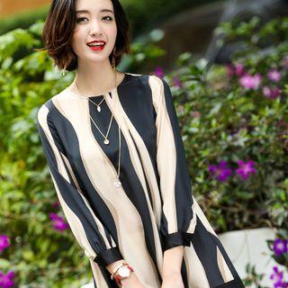 3/4-sleeve Striped Silk Dress