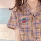 Cherry Embroidered Plaid Short-sleeve Blouse As Shown In Figure - One Size