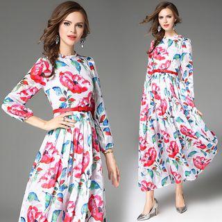 Long Sleeve Crew Neck Frilled Trim Floral Maxi Dress