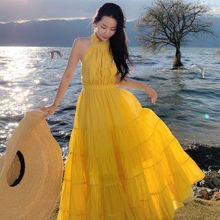 Halter Tiered Maxi A-line Dress