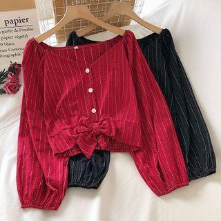 Long-sleeve Buttoned Tie-waist Blouse