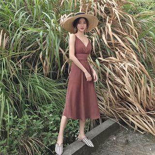 Striped V-neck A-line Midi Dress