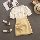 Set: Short-sleeve Frill Trim Blouse + Mini Pencil Skirt