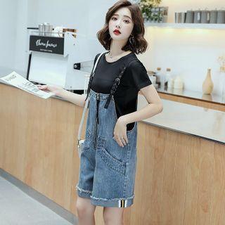 Short-sleeve Plain T-shirt / Zip Denim Jumper Shorts