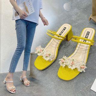 Flower Accent Pvc Strap Chunky Heel Sandals