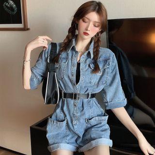 Elbow-sleeve Belted Denim Romper