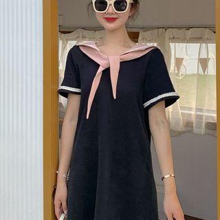 Short-sleeve Sailor Collar Dress Black - One Size