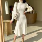 Puff-sleeve Turtleneck Midi A-line Sweater Dress