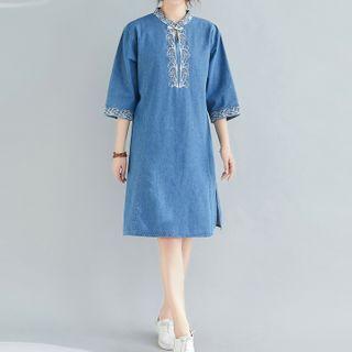 3/4-sleeve Washed Embroidered Denim Shift Dress