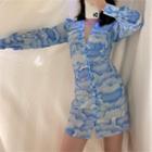 Long-sleeve Cloud Print Mini Dress