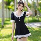 Puff-sleeve Lace Trim Swim Dress