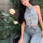 Halter Denim Shirt / Flared Jeans