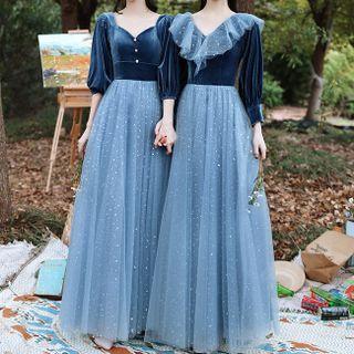 Velvet Panel Mesh A-line Evening Gown (various Designs)