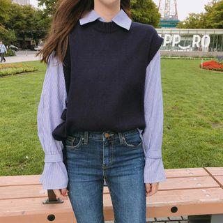 Crew-neck Knit Vest Navy Blue - One Size