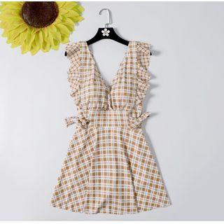 Plaid Ruffle Trim Bow-tied Swimdress