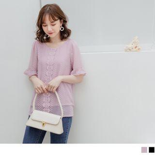 Ruffle Sleeve Lace Trim Round Neck Chiffon Top