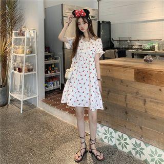 Print High-waist Short-sleeve Dress White - One Size