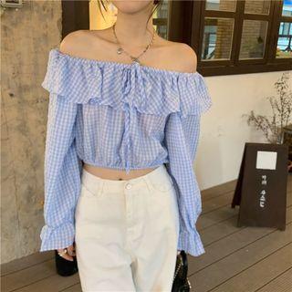 Puff-sleeve Off-shoulder Ruffle Trim Plaid Top Blue - One Size