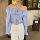 Puff-sleeve Off-shoulder Ruffle Trim Plaid Top Blue - One Size