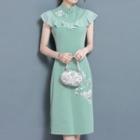 Flounced Mandarin Collar Short-sleeve Shift Dress