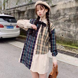 Plaid Panel Long-sleeve Dress As Shown In Figure - One Size