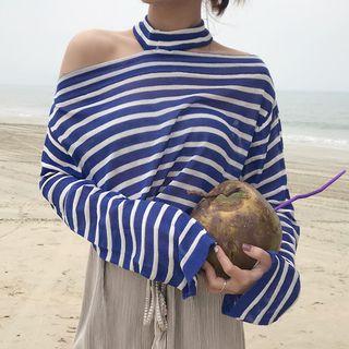 Striped Long-sleeve Off-shoulder Choker T-shirt