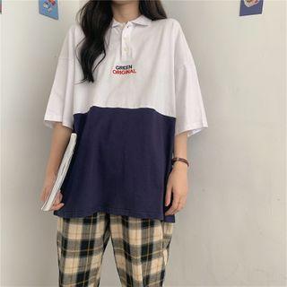 Short-sleeve Polo Collar Color-block Embroidered T-shirt