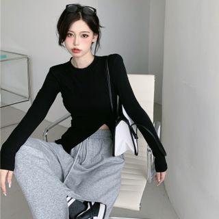 Long-sleeve Irregular Slit-hem Top