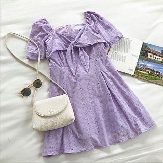Perforated Square-neck Puff-sleeve Dress