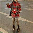 Long-sleeve Plaid Toggle Coat Red - One Size