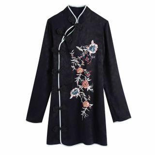 Long-sleeve Embroidery Frog Buttoned Mini Dress