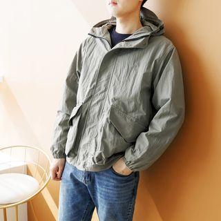 Plus Size Hooded Flap-pocket Windbreaker