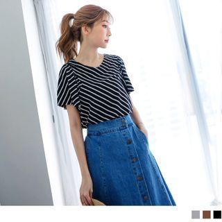 Flutter-sleeve Striped Round Neck Top