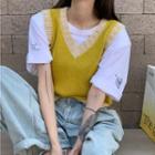 V-neck Two-tone Knit Vest Yellow - One Size