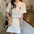 Set: Short-sleeve Bear Print Polo Shirt + Mini A-line Skirt