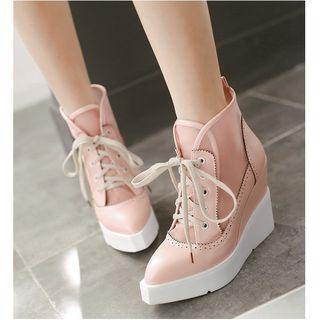 Platform Hidden Wedge Mesh Panel Lace Up Boots