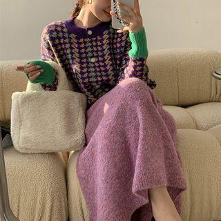 Houndstooth Crew-neck Cardigan / Maxi Skirt