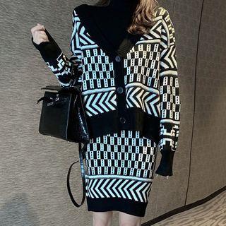 V-neck Printed Knit Cardigan/ High-waist Printed Knit Skirt