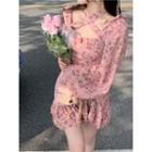 Cold-shoulder Floral Ruffle Mini Sheath Dress