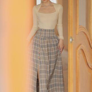 Set: Long-sleeve Square-neck Top + Plaid Midi A-line Skirt