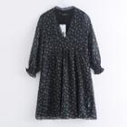 Lantern-sleeve Floral Mini Chiffon Dress