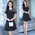Lace Panel Dotted Short-sleeve Mini A-line Dress