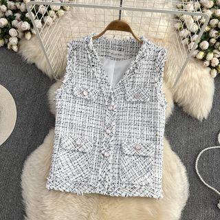 V-neck Plaid Tweed Vest
