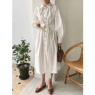 Bishop-sleeve Shirred Long Shirtdress With Belt