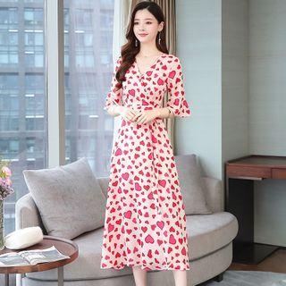 Heart Print Flared-sleeve Midi A-line Dress