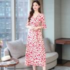 Heart Print Flared-sleeve Midi A-line Dress