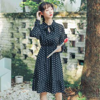 Polka Dot Long-sleeve Tie-neck Dress
