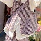 Plain Blouse / Plaid Button-up Vest / Frayed Trim Mini A-line Skirt