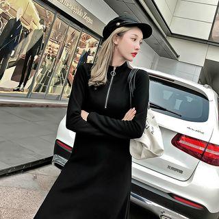 Half Zip Long-sleeve Midi A-line Dress